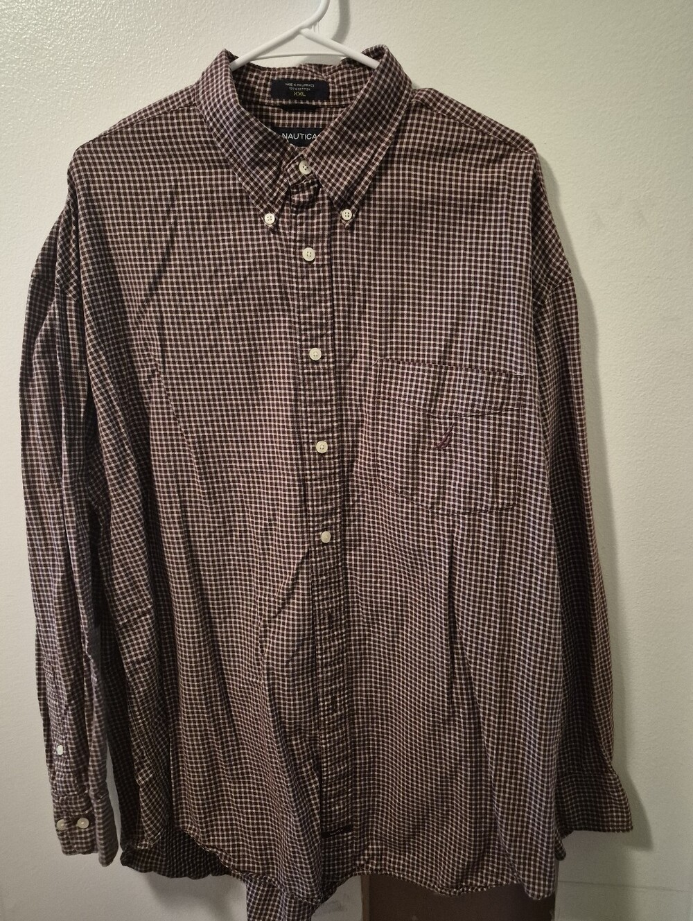 Nautica Men’s Maroon and White Micro-Check Button-Down Shirt